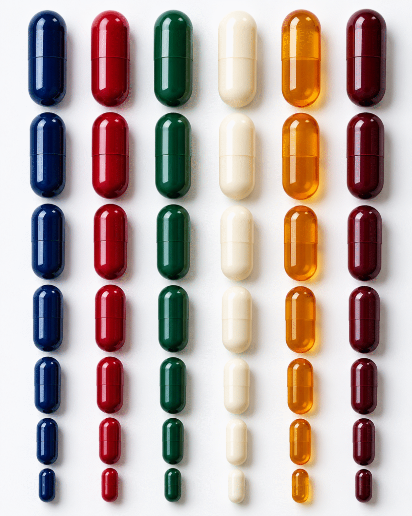 Custom gelatin capsules in a range of colours including navy, red, green and ivory