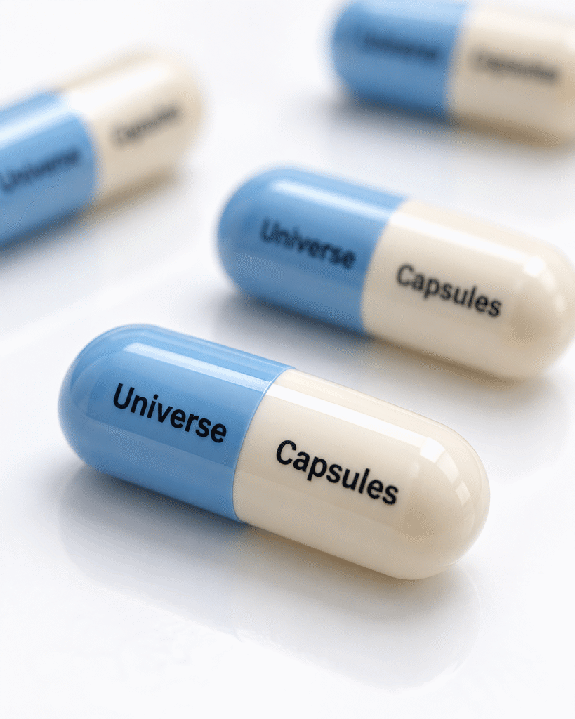Close-up of gelatin capsules with axial brand printing along the capsule shell