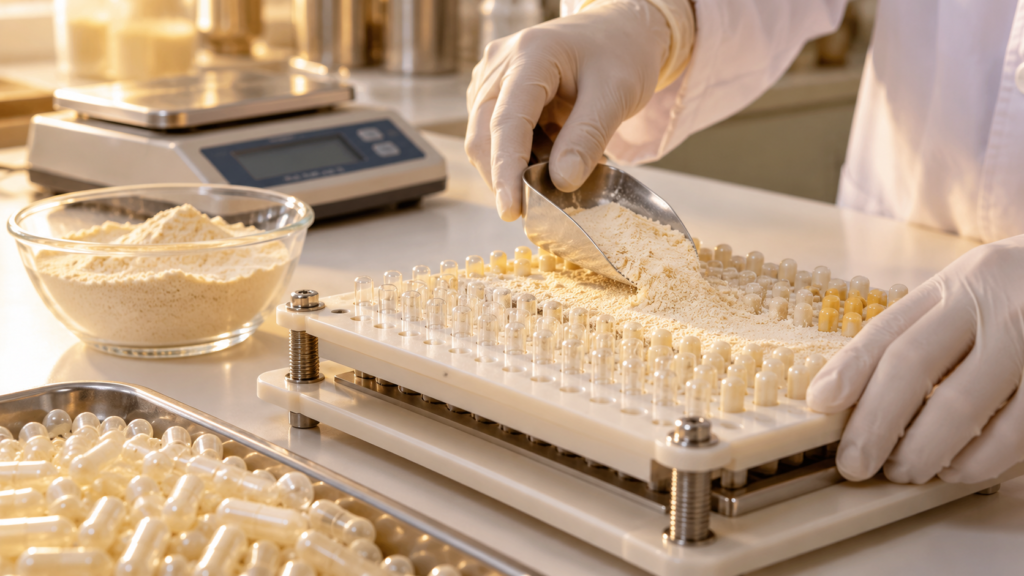 Gloved hands spreading powder over empty hard gelatin capsules in a manual capsule filling machine, with a digital scale behind