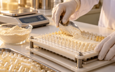 Gloved hands spreading powder over empty hard gelatin capsules in a manual capsule filling machine, with a digital scale behind