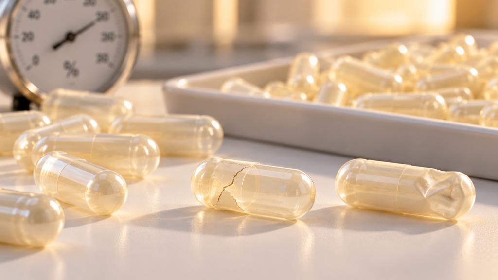 A cracked and a dented empty hard gelatin capsule next to intact capsules, with a humidity gauge in the background