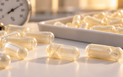 A cracked and a dented empty hard gelatin capsule next to intact capsules, with a humidity gauge in the background