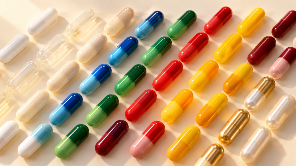 Rows of two-tone empty hard gelatin capsules in white, ivory, blue, green, red, yellow, maroon, metallic gold and pearl