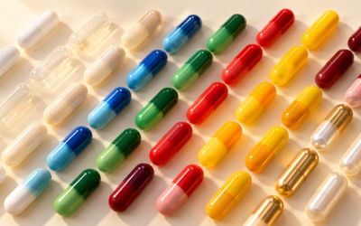Rows of two-tone empty hard gelatin capsules in white, ivory, blue, green, red, yellow, maroon, metallic gold and pearl