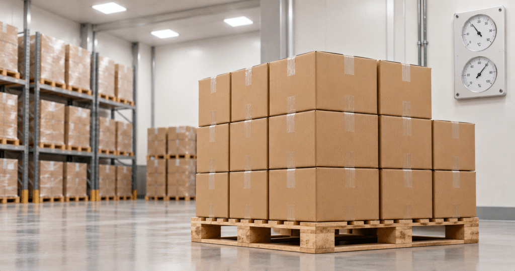 Sealed capsule cartons stored on a pallet in a humidity controlled room.