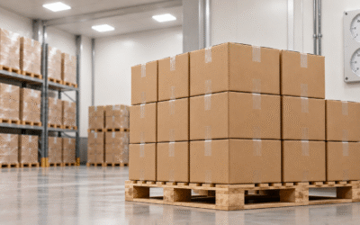 Sealed capsule cartons stored on a pallet in a humidity controlled room.